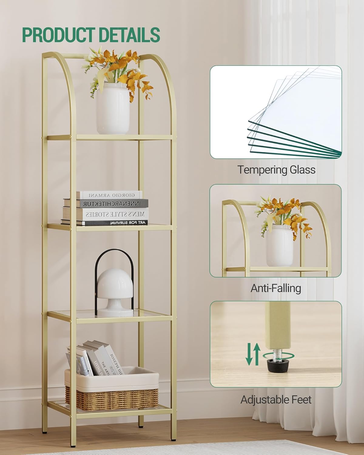 Hzuaneri 本棚 本棚 強化ガラス アーチ型 本棚 収納 スリム 棚